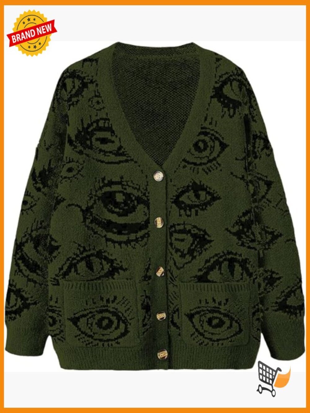 Women's Plus Size Button Down Eye Print Goth Cardigan Punk Grunge Sweater